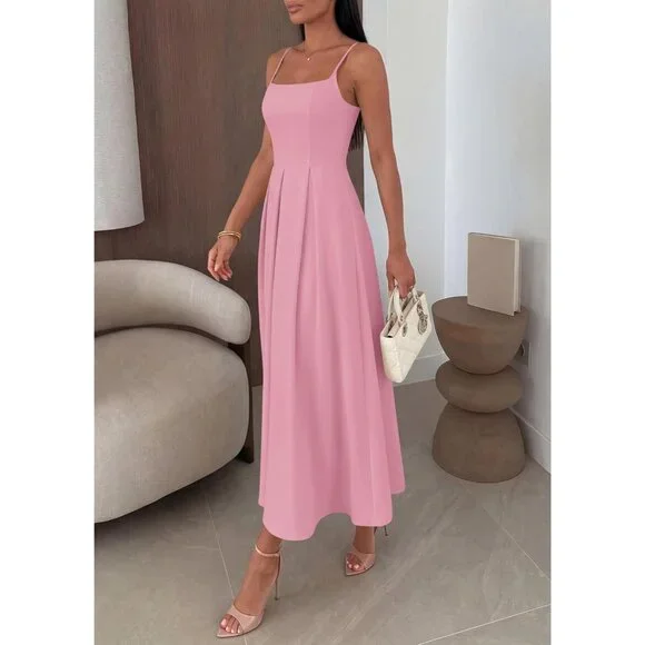 Women Pink Elegant Ruffle A Line Long Summer Wedding Guest Maxi Dress